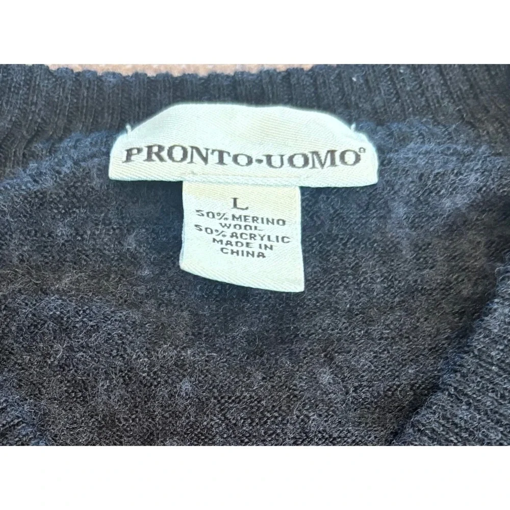 Pronto Uomo Mens Large Argyle V-Neck Sweater Merino Wool Blend Charcoal Grey